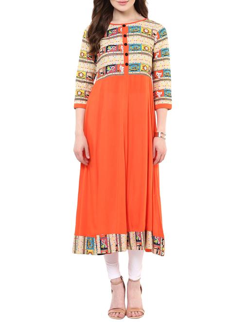 orange printed rayon kurta - 11305469 - Very Small Image - 1
