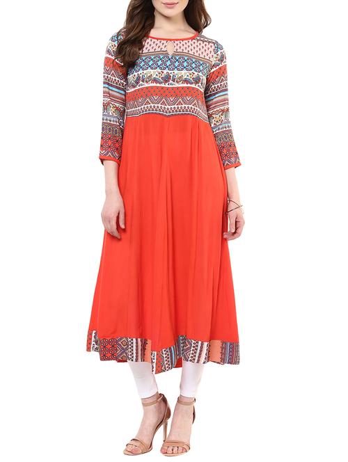orange printed rayon kurta - 11305471 - Very Small Image - 1