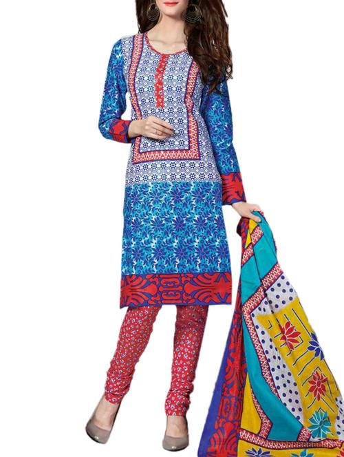 blue cotton printed unstitched suit set - 11322584 - Very Small Image - 1