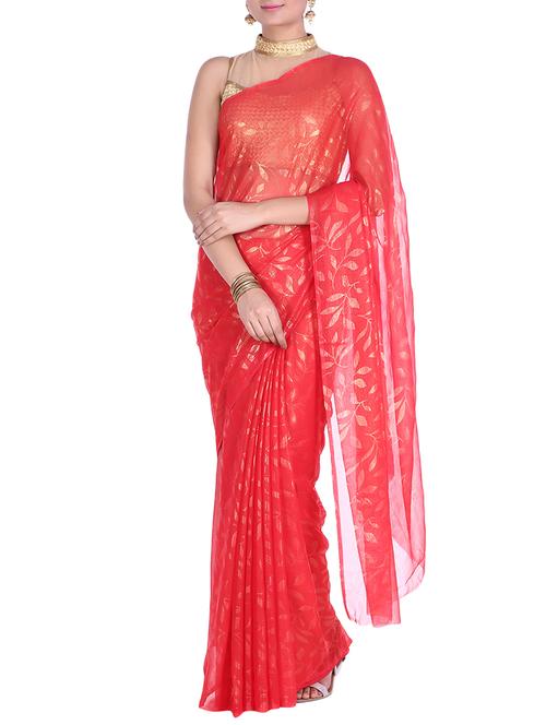 red chiffon saree - 11323161 - Very Small Image - 1