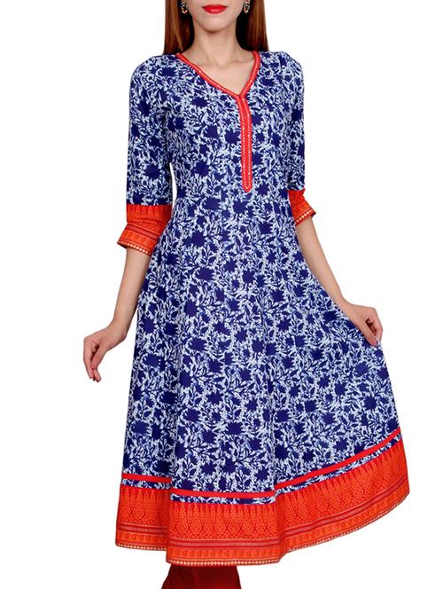 indigo printed cotton anarkali kurta - 11323534 - Very Small Image - 1
