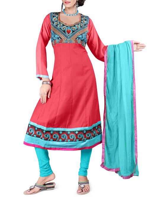 red cotton embroidered dress anarkali material - 11333804 - Very Small Image - 1