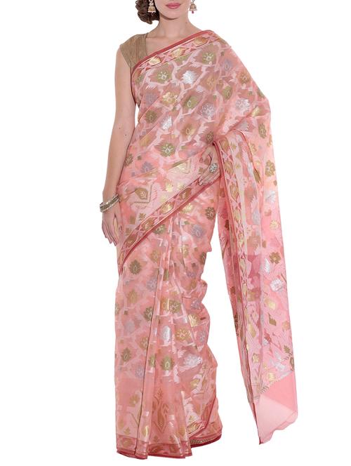 pink silk blend woven saree with blouse - 11334657 - Very Small Image - 1