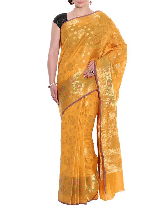 yellow art silk handwoven saree with blouse - 11334702 - Very Small Image - 1