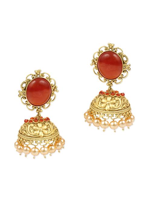 gold and orange gold plated drop jhumkas - 11334827 - Very Small Image - 1