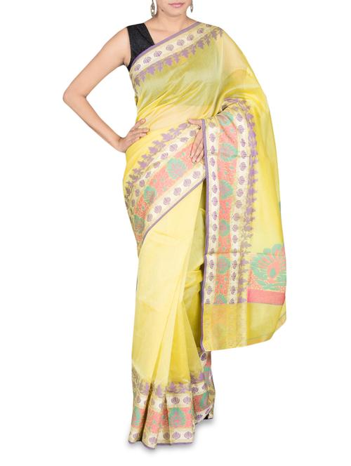 yellow color cotton blend bordered saree - 1134431 - Very Small Image - 1