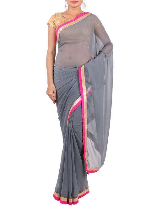 Grey georgette bordered saree - 1134701 - Very Small Image - 1