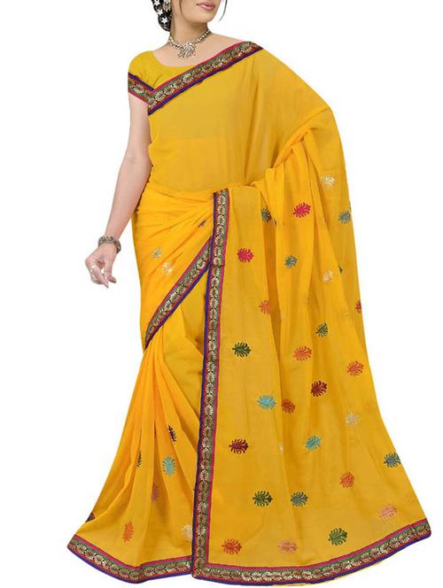 yellow georgette embroidered saree with blouse - 11357418 - Very Small Image - 1