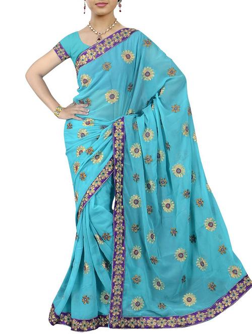 sky blue georgette embroidered saree with blouse - 11357427 - Very Small Image - 1