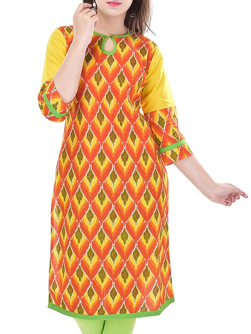 orange and yellow printed cotton kurta - 11361590 - Very Small Image - 1