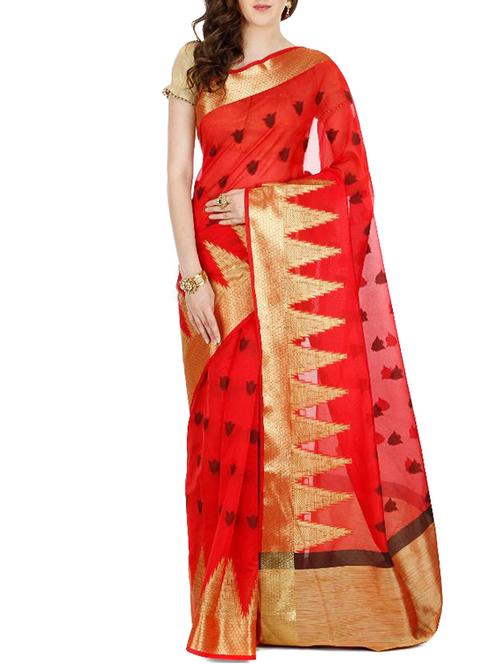 red colored, jute silk jacquard saree with blouse - 11363098 - Very Small Image - 1