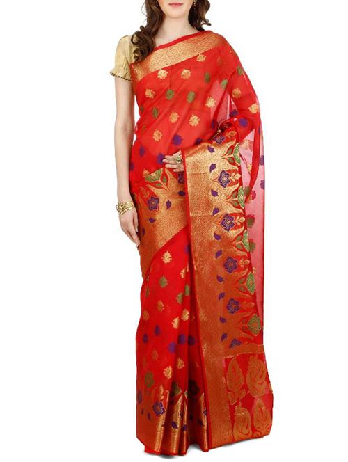 red jute silk saree with blouse - 11363145 - Very Small Image - 1