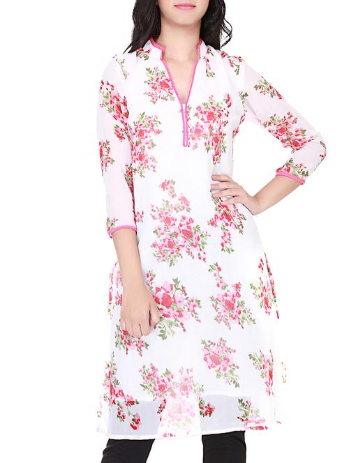 white floral printed georgette kurta - 11366872 - Very Small Image - 1