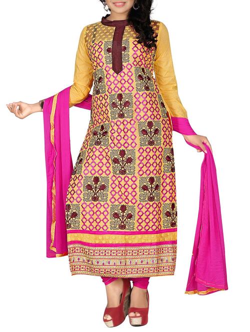 yellow cotton embroidered dress material - 11370841 - Very Small Image - 1