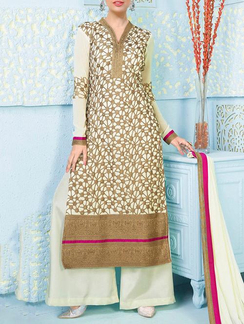 cream embroidered georgette unstitched suit set - 11372803 - Very Small Image - 1