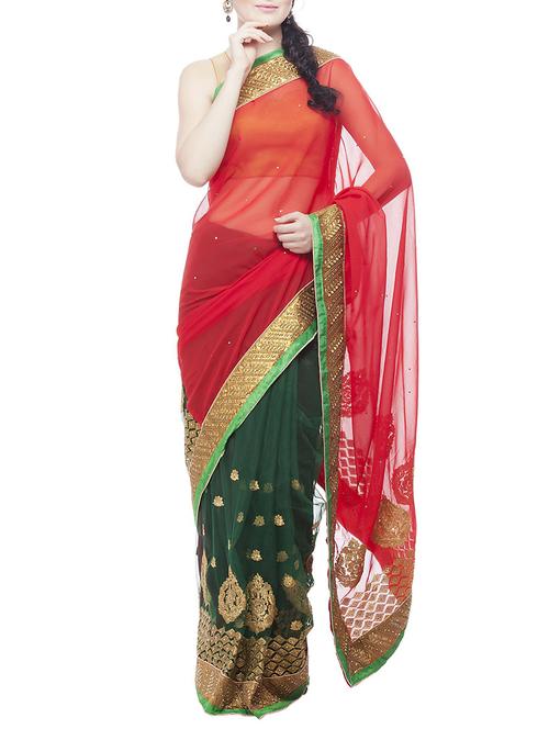 red and green georgette embroidered saree with blouse - 11374355 - Very Small Image - 1