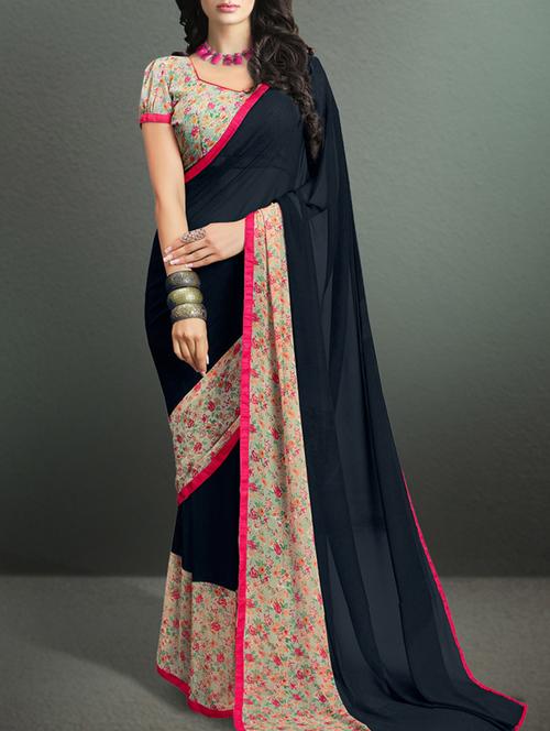 black georgette printed saree with blouse - 11374633 - Very Small Image - 1