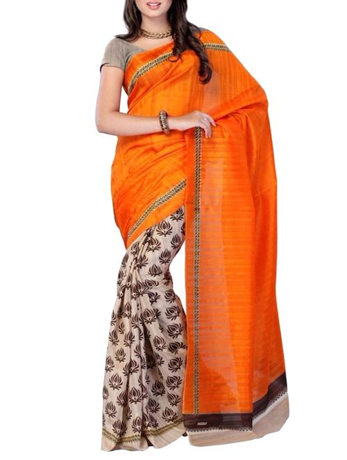 orange printed silk blend saree with blouse - 11388686 - Very Small Image - 1