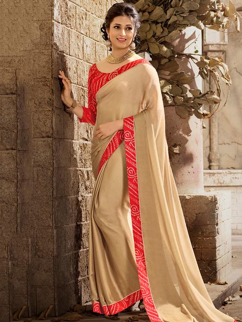 beige bordered geogette saree - 11393309 - Very Small Image - 1