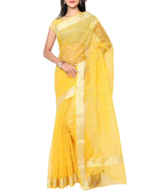 yellow cotton saree with blouse - 11393342 - Very Small Image - 1