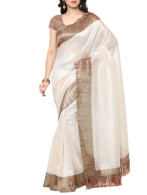 white tussar silk printed saree with blouse - 11393353 - Very Small Image - 1