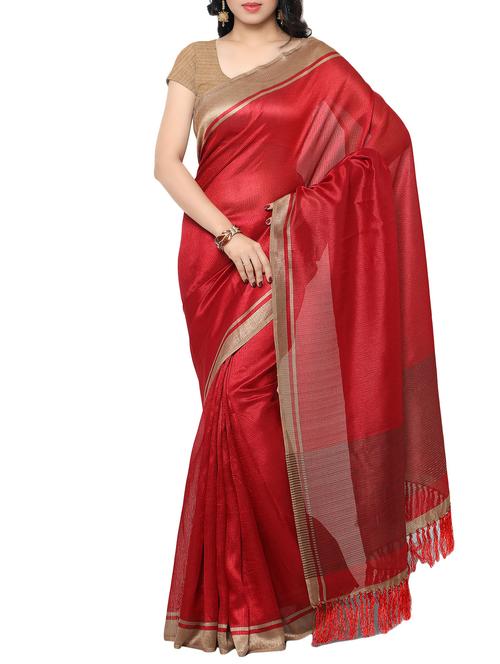 red tussar silk printed saree with blouse - 11393356 - Very Small Image - 1