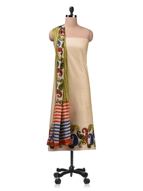 beige printed cotton unstitched suit set - 1140013 - Very Small Image - 1