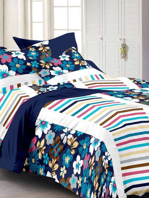 dark blue and white printed cotton single bed sheet set - 11401946 - Very Small Image - 1
