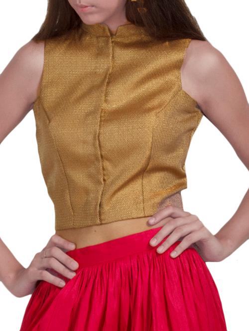 Gold sleeveless zari brocade stitched blouse - 11409809 - Very Small Image - 1