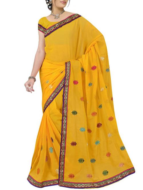 yellow georgette embroidered saree with blouse - 11417587 - Very Small Image - 1