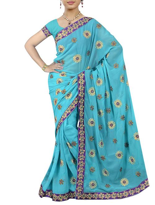 sky blue georgette embroidered saree with blouse - 11417596 - Very Small Image - 1