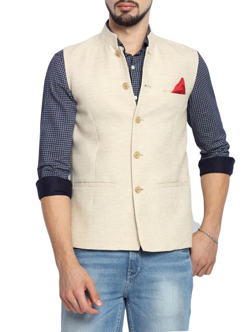 solid beige linen nehru jacket - 11419686 - Very Small Image - 1