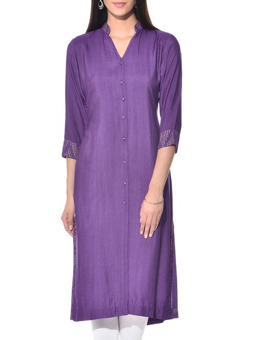 purple hand block print tussar cotton kurta - 11422063 - Very Small Image - 1