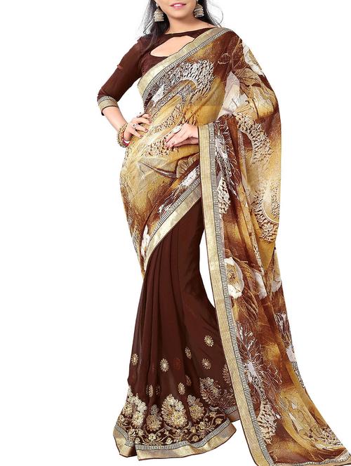 brown printed half & half saree with blouse - 11423463 - Very Small Image - 1