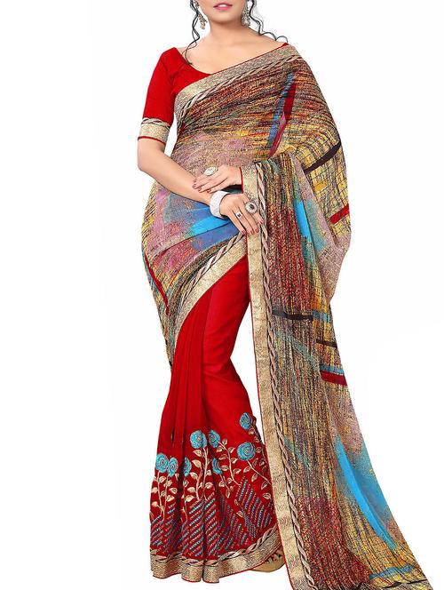 red printed half & half saree - 11423513 - Very Small Image - 1