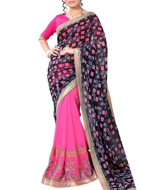 pink printed half & half saree with blouse - 11423520 - Very Small Image - 1