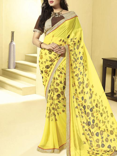 yellow floral printed saree with blouse - 11423529 - Very Small Image - 1