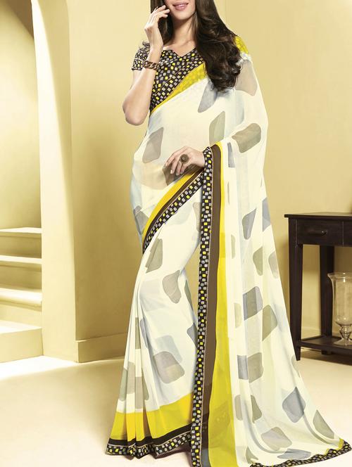 yellow printed saree with blouse - 11423532 - Very Small Image - 1