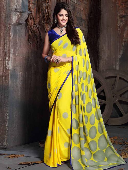 yellow printed saree with blouse - 11423540 - Very Small Image - 1