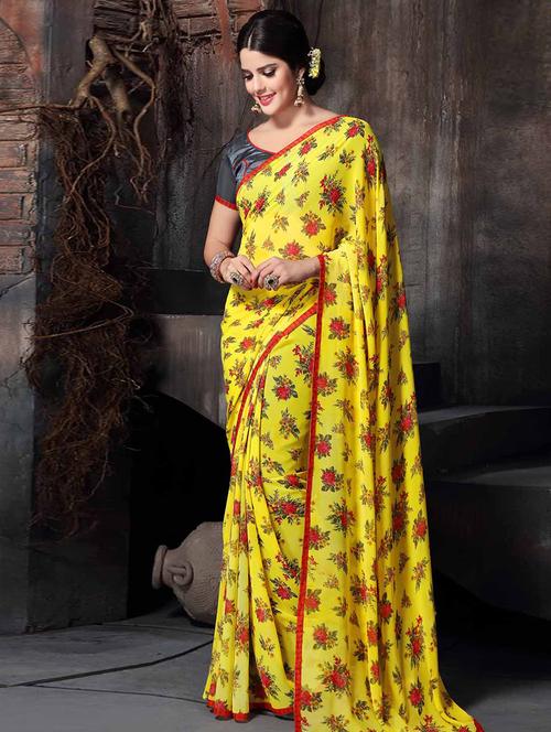 yellow floral print georgette saree with blouse - 11423551 - Very Small Image - 1