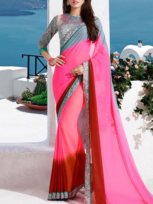 pink printed georgette saree with blouse - 11423564 - Very Small Image - 1