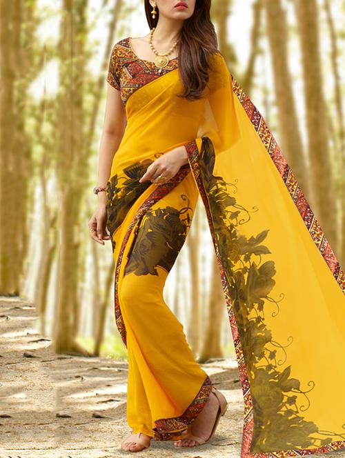 yellow printed georgette saree - 11425182 - Very Small Image - 1