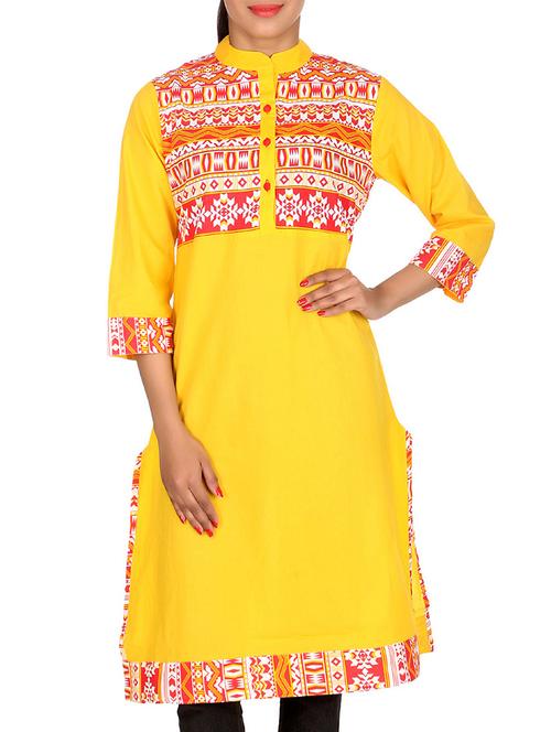 yellow printed cotton kurta - 11433966 - Very Small Image - 1