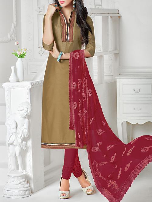 beige chanderi cotton unstitched suit - 11438069 - Very Small Image - 1