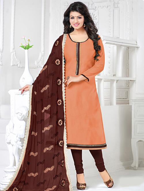orange chanderi cotton unstitched suit - 11438071 - Very Small Image - 1