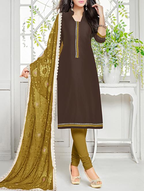brown chanderi cotton unstitched suit - 11438073 - Very Small Image - 1