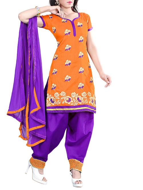 orange chanderi cotton unstitched suit - 11438077 - Very Small Image - 1