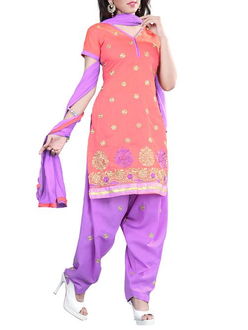orange chanderi cotton unstitched suit - 11438084 - Very Small Image - 1