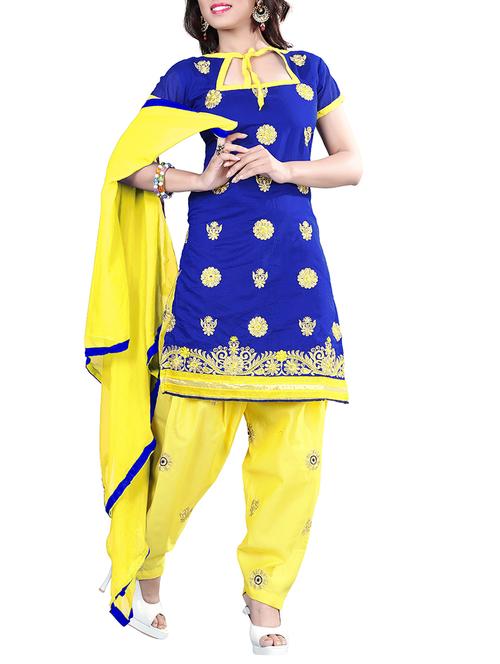 blue chanderi cotton unstitched suit - 11438087 - Very Small Image - 1