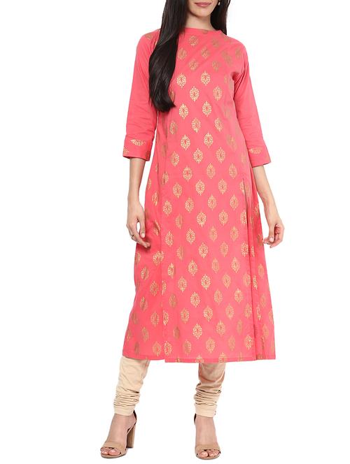 light pink foil printed cotton kurta - 11438537 - Very Small Image - 1
